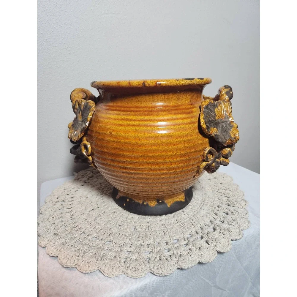 Vintage Ceramic Grape Cluster Centerpiece Pot and Matching Mug Set Amber Gold